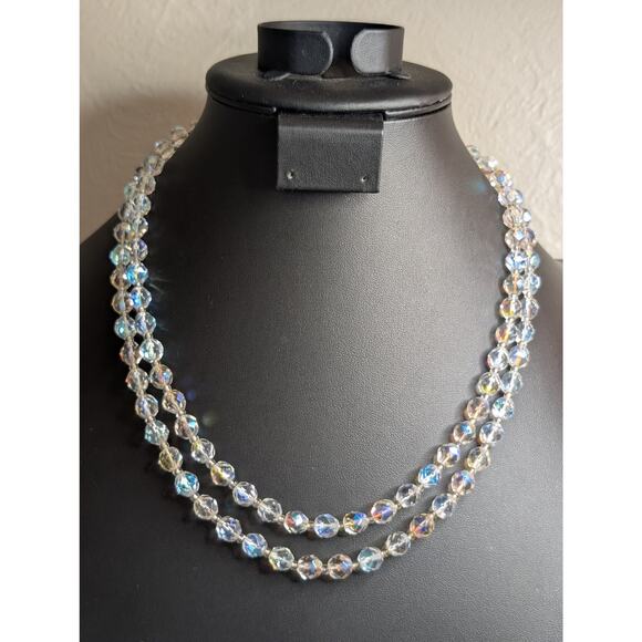 Vintage Aurora Borealis Faceted Crystal Double Strand Box Clasp 20" Necklace - Picture 6 of 6